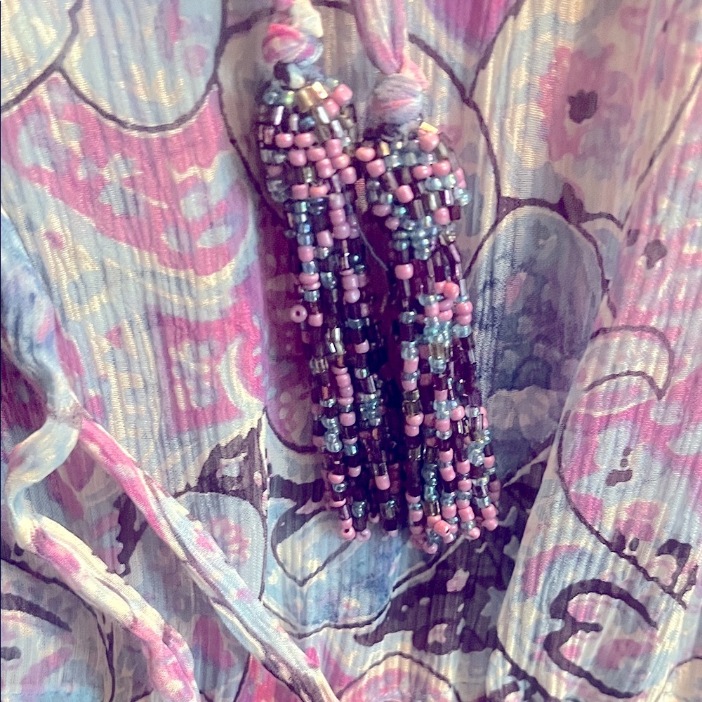 Calypso St. Barth 100% Silk Sheer Bead Boho Y2K Paisley Kimono Maxi Dress SZ 1 - Picture 14 of 15